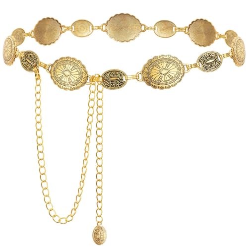 AOOTUERL Cinturón de Cadena de Metal Dorado Estilo Occidental, Cinturones de Cadena Dorada para Mujer, Cinturón Vintage de Cintura Metálica Ajustable, Para Pantalones Falda Vestido Abrigos Jeans