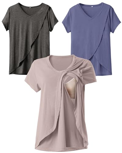 Image of Rnxrbb V Neck Nursing Tops for Breastfeeding Tshirts Summer Postpartum Clothes Sets Short Sleeve 3 Pack Double Layer