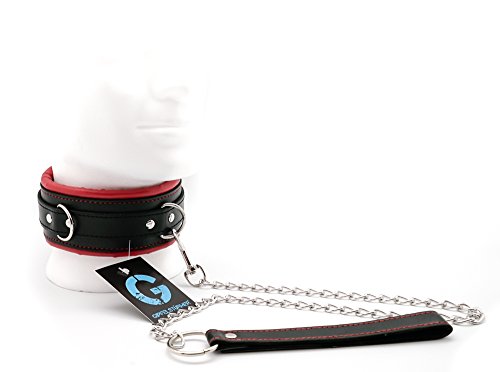 Halsband met stalen ketting by Devotion karabijnhaak, zachte bekleding, laat geen sporen achter, afsluitbaar, rood-zwart - Afbeelding 3