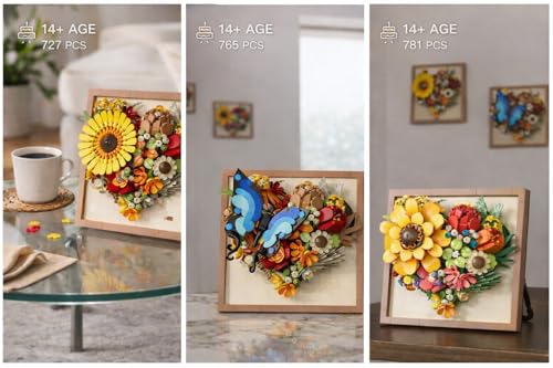 Kit de construction floral 3D Puzzlebrix en mini brique avec cadre décoratif