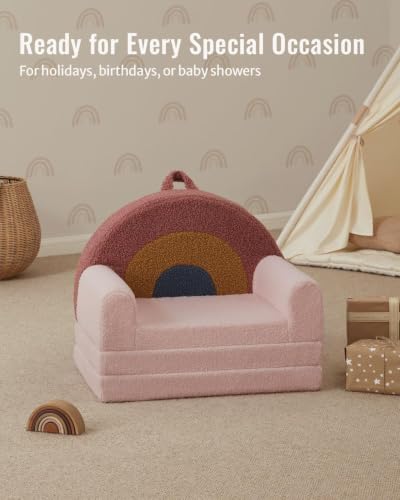 Image of Blissful Diary Foldable Kids Couch, 2-in-1 Comfy Kids Chair for Reading, Playroom, Kids Couch Sofa for Girls Boys Birthday Gift, Blush Rainbow