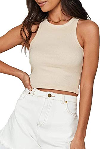 MISSACTIVER Women Basic Sleeveless Vest Crop Tank Top Casual Crew Neck Binding Crop Top (Medium, Apricot)