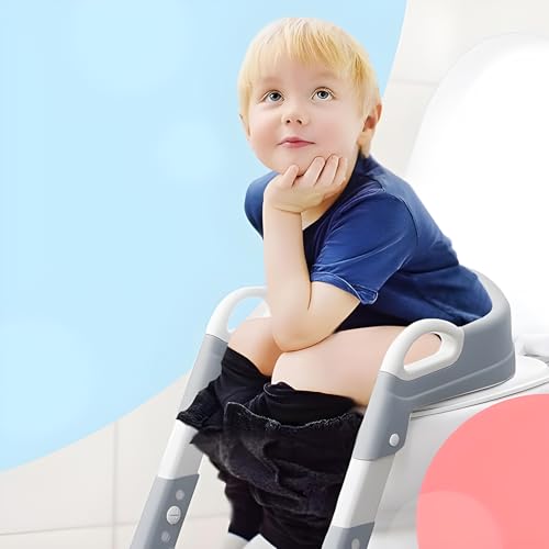 Image of WISHKEY Potty Training Seat with Adjustable Step Ladder, Foldable Design, Non-Slip Safety Steps, Soft Removable Seat, (Grey)