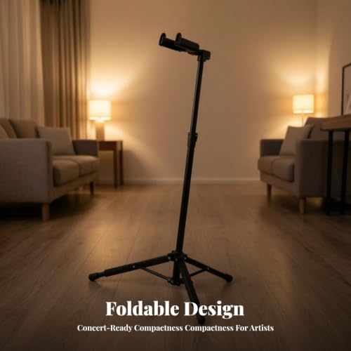 Image of Height Adjustable Guitar Stand with Weight-Activated Lock Foldable Weight-Activated Lock Guitar Stand Self-Locking Soft-Padded for Guitarists, Musicians, Home Studio, Stage, Music Room, Gravity Lock