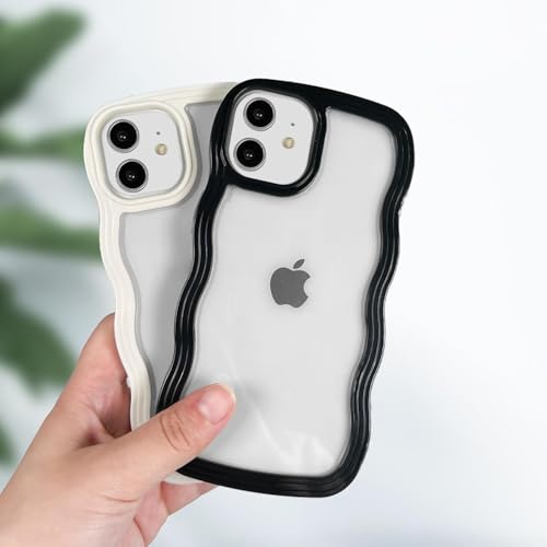 Image of GoldKart iPhone 12 /12 Pro Case Wavy Edge Clear Back Design, Anti-Slip Grip Cute Wave Curly Frame Shape Shockproof Soft TPU & Hard PC Bumper Protective Phone Case Cover for Women Girls - Black