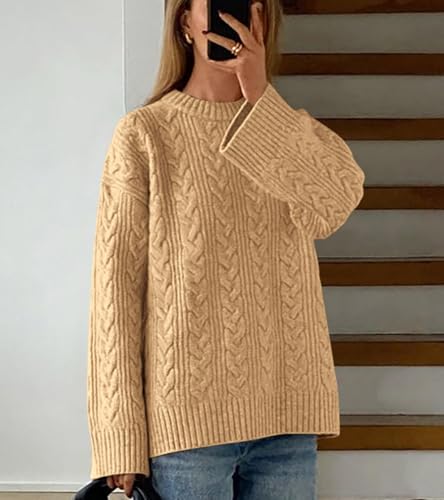 Okiwam Women's Oversized Sweaters Crewneck Cable Knit Pullover Casual Loose Fall Outfits Fashion Clothes 2025