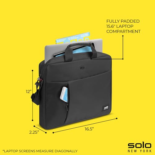 Image of Solo New York Briefcase - Laptop Carrying Bag for Women & Men, Brief for Travel & Work, Internal Tablet Pocket, Adjustable Shoulder Strap, Fits 15.6 inch Computer - Lead Slim, Black
