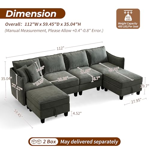 WorthFurni 112" Modular Sectional Sofa U Shape Couches with Storage Ottoman and Washable Cushion Cover for Living Room, Bedroom, Apartment(Grey) - image 2