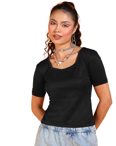 Image of POPWINGS Casual Solid Square-Neck Short Sleeves Tops for Women || Stylish Western Summer Wear Top for Women || Trendy Women Tops for Regular Wear