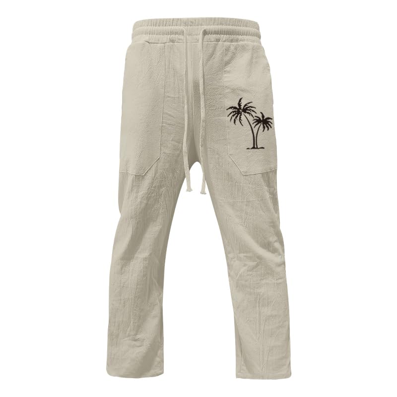Mens Linen Pants Lightweight Beach Casual Sweatpants Loose Fit Baggy Hawaii Coconut Palm Print Casual Trousers4