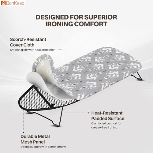 Image of BonKaso Tabletop Ironing Board | Compact Foldable Ironing Table, Lightweight Portable Mini Iron Board with Padded Non-Stick Surface for Home, Dorm, and Travel | Grey