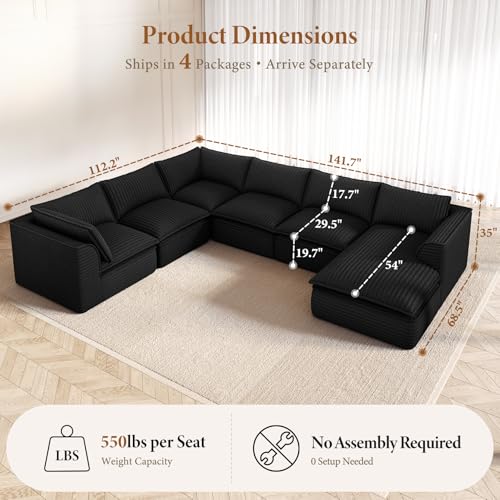 Image of Vesgantti 141.7 inch Oversized Sectional Boneless Couch, Modern 7 Seater Modular Sofa with Chaise, Deep Seat Convertible Plush Corduroy Cloud Couches for Living Room, No Assembly Required, Black
