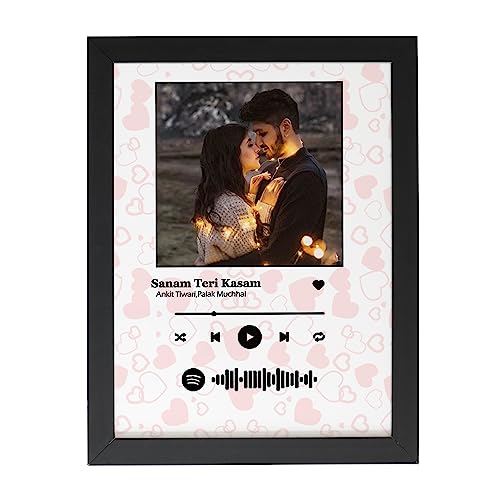 Image of Personalized Heart Background Wall Mount Spotify Song Barcode Frame With Photo & Message Digital Print Wooden Photo Frame For Birthday Gifts - Peach & White - 6X8 Inch