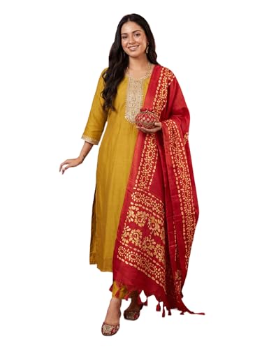 Image of INDO ERA Women's Silk Blend Embroidered Sequinned Kurta & Pant with Dupatta Set