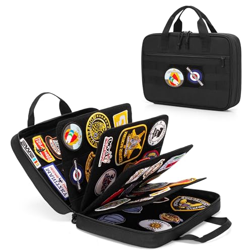 LoDrid Bolsa de exhibición de parches, estuche de almacenamiento para tablero, 4 carpetas de metal extraíbles flexibles y un asa, libro de parches abatible para colección, 1 bolsillo adicional con