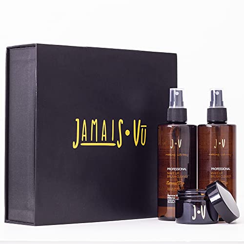 Jamais Vu | Makeup Brush Cleaner Professional | Dip Or Spray - QUICK DRY | Includes 500ML (2 250 ML) Bottle Solution | 1 Glass Dipping Jar | Made For Convenient Use & Making Your Brushes Last!