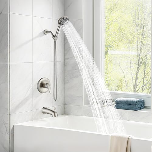 Image of gotonovo Bathroom Shower Head Kit High Pressure Combo System Shower Faucet 6 Modes ABS Handheld Spray Shower Trim Kit Valve Included Shower Head and Handle Set Brushed Nickel