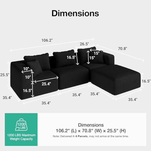 Image of Novilla 106 inch Modular Sectional Sofa, L Shape Convertible Sectional Couch, Modern Cloud Design with Smarts Coil Support, Boneless Sectional Couch for Living Room Apartment, No Assembly Required