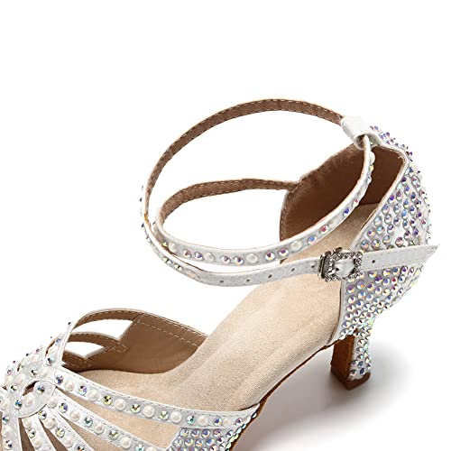 Image of JUODVMP Women's Latin Dance Shoes Rhinestones Satin Ballroom Dancing Shoes Salsa Professional Dance Shoes
