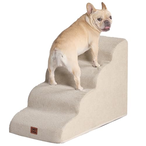 EHEYCIGA Hundetreppe für Kleine Hunde 50 cm Hoch, Haustiertreppe für Sofa Bett, Treppe für Hunde aus Hochdichtem Schwamm, Hunderampe mit Waschbarem Bezug und Rutschfestem Boden, 4 Stufen, Beige