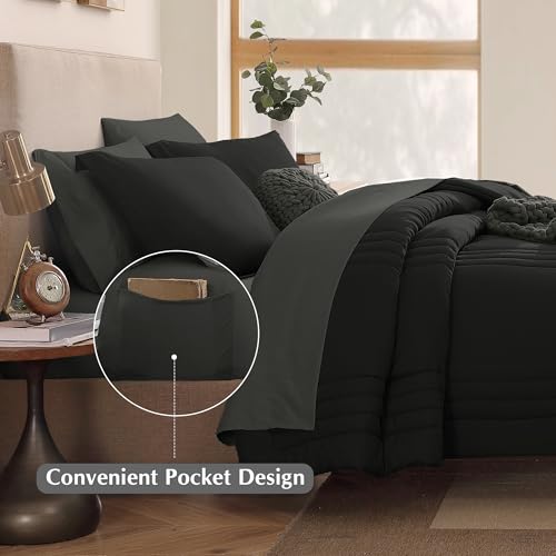 Image of Oversized King Size Comforter Set-7 Pieces Bed in a Bag King Bedding Sets | Monbix All-Season Vertical Quilted Comforter with Sheets, Pillow Shams & Pillowcases, Black