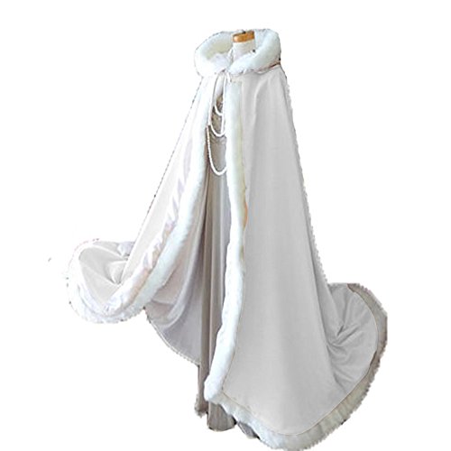 Warm Wedding Cloak with Hood Faux Fur Trim Women Party Winter Cape Stole White