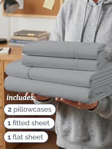 Image of Twin XL 4 Piece Sheet Set - College Dorm Room Essentials - Steel Blue | Ultra Soft Dorm Bedding Set, 8 inch to 16 inch Inch Deep Pockets, 1 Flat & 1 Fitted Sheet & 2 Pillowcases, Wrinkle & Fade Free
