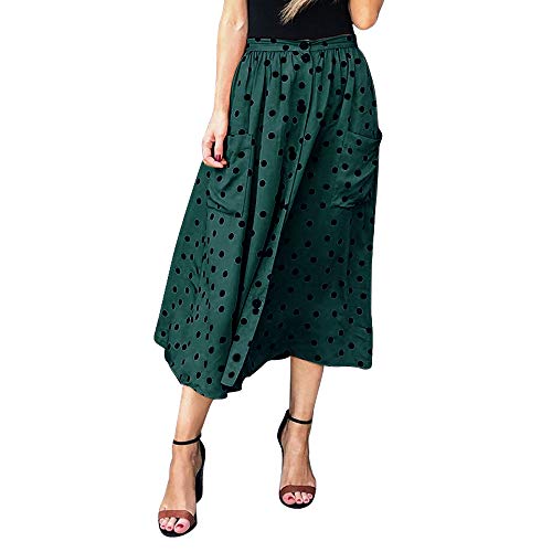 EXLURA Womens Polka Dot A line Elastic Waist Button Up Midi Skirt with Pockets (Green, Small)