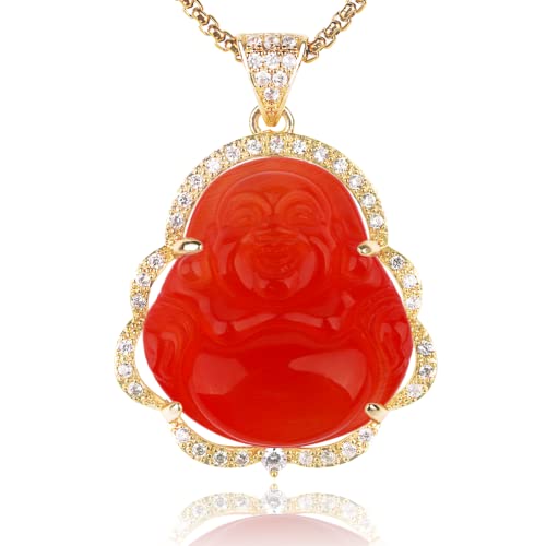 Image of ASGIFT Laughing Buddha Necklace Cubic Zirconia Green Jade Buddha Pendant with 18K Gold Plated Chain Lucky Buddha Necklace Jewelry Gift