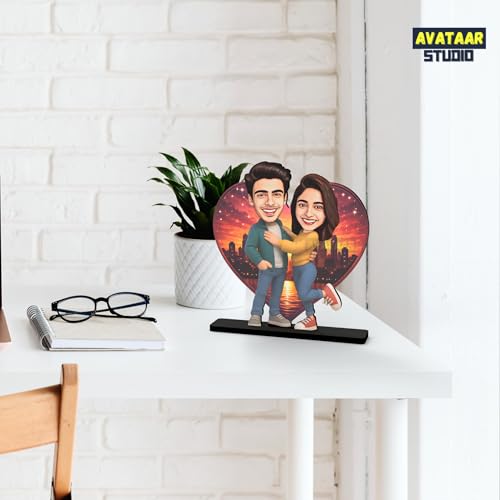 Image of Wood Rectangular Personalized Caricature Gift for Couple, 7 Inches, Tabletop Multicolor, Art Deco Style (LOVING COUPLE 2)