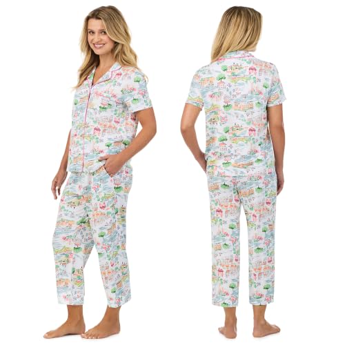 Image of Cuddl Duds 2 Piece Short Sleeve Capri Matching Pajamas for Women PJs Set | Cropped Capris Pants & Button Up Top, Sleepwear & Loungewear, Cute Sleep & PJ Set, Soft Lightweight & Breathable Pajamas