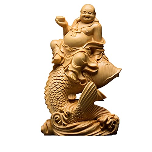 Zunibo Buddha Statue,Maitreya Statue,Laughing Buddha Sitting On The Fish Sculpture,Boxwood Buddha Statue For Home Office Decor #TOP4
