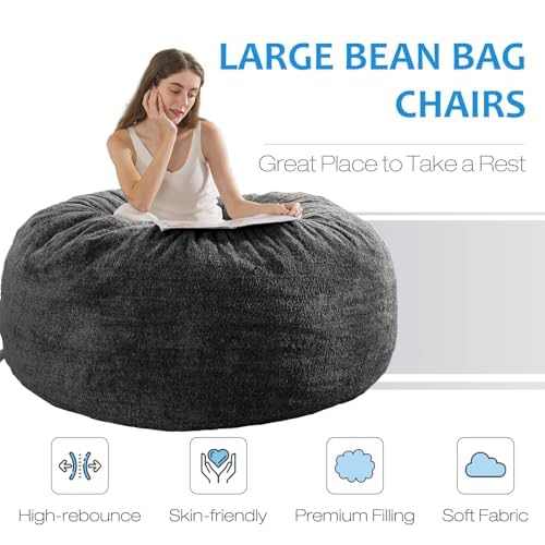 [Sherpa Fabric] Large Bean Bag Chair: 5 ft Memory Foam Bean Bag Chairs for Adults/Kids with Filling, Ultra Soft Faux Fur Fabric, Bean Bag for Living Room, Dark Grey, 5 Foot - Thumbnail 3