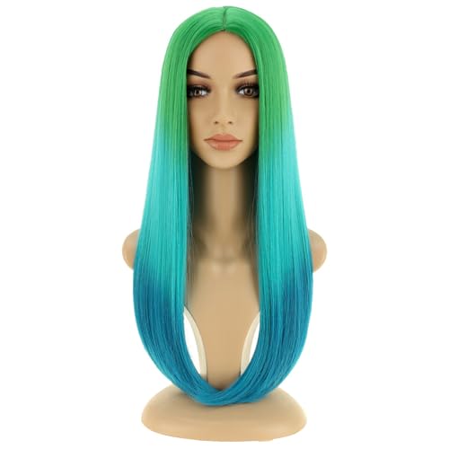BERON Green Ombre Long Straight Wig for Women Green Middle Part Heat Resistant Synthetic Wig Halloween Cosplay Costume Party Daily Wigs