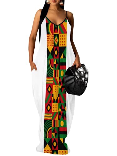 Image of Women's Summer Maxi Dress Spaghetti Strap Floral Boho Beach Long Sundress with Pockets
