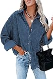 Magritta Womens Shacket Jacket with Bust Pockets Spring Cozy Corduroy Oversized Roll Up Collared Button Down Long Sleeve V Neck Blouse Shirt Blue Small