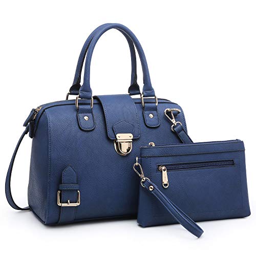 Dasein Women Barrel Handbags Purses Fashion Satchel Bags Top Handle Shoulder Bags Vegan Leather Work Bag Tote (Blue)