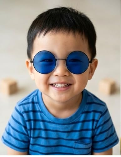 Image of BookMyCostume Kids Round Blue Sunglasses - Circular Sunshades for Boys and Girls - Fashion Summer Outdoor Eyewear Accessory for Birthday, Photo Shoots, and Fancy Dress | Aged 2 to 8 Years