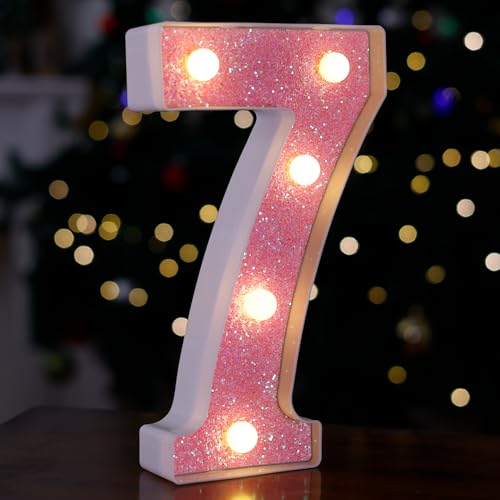 Image of LED Letter Lights Pink Glitter Marquee Letters Light Up Alphabet Letters Sign Battery Powered for Home Party Decoration Night Bar Wedding Birthday Christmas Lamp Girls Gift - Number 7