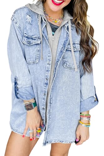 Ecosunny Womens Casual Long Sleeve Button Down Shirt Jacket Oversized Contrast Hooded Denim Lightweight Coat Tops