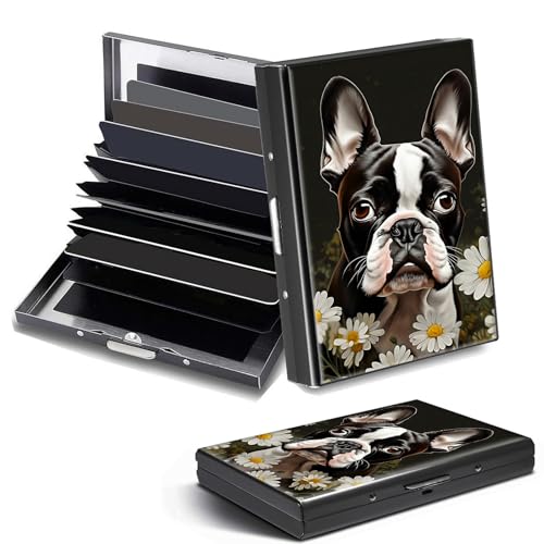DHYYDSQZ Credit Card Holder, Boston Terrier Dog Design Mini RFID Blocking Aluminum Wallet Slim Metal Hard Case Shell Travel Wallet ID Case Small Credit Cards Case Business Cards for Women Men Girls