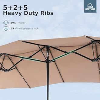 MFSTUDIO 15ft Double Sided Patio Umbrella with Solar Lights, Outdoor Large Umbrellas with Crank Handle and 36 LED Lights, Rectangular Market Umbrella with Base Included for Deck Pool Shade, Beige