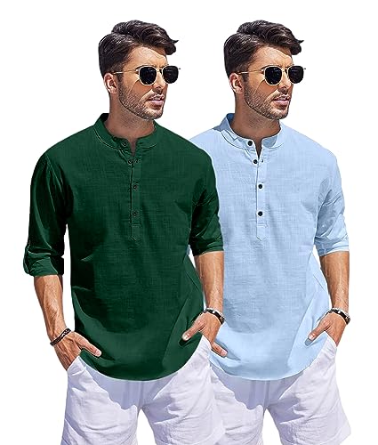 Image of Bellstone Men's Cotton Blend Straight Kurta Shirt Combo with Mandarin Collar - Slim Fit Casual Short Kurti Set Featuring Textured Slub Fabric and Roll-Up Full Sleeves