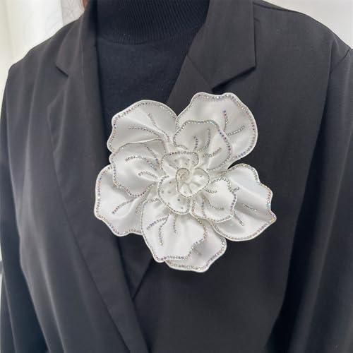 Image of Fabric Rhinestone Flower Big Brooch Lapel Pins for Women Elegant Crystal Floral Brooches Pin for Dresses Suit Accessories Jewelry Boutonniere Corsage Wedding Party 5.5in