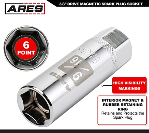 Ares 11021-9/16-Inch 3/8-Inch Drive Magnetic Spark Plug Socket - Powerful Magnet Retains Spark Plugs - Heat Treated Chrome Vanadium Steel - High Visibility Markings #TOP2