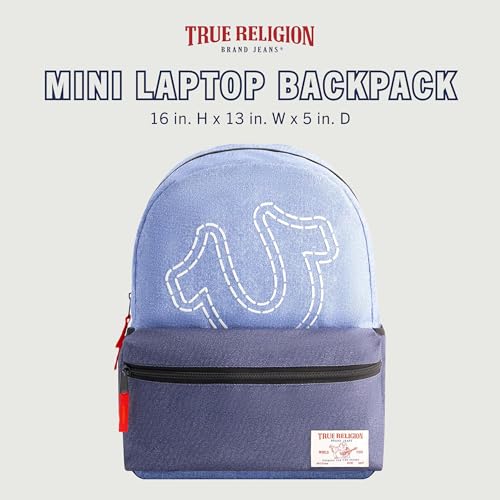 True Religion Mini Laptop Backpack, Denim Horseshoe Logo Small Computer Travel Bag Purse, Adjustable Shoulder Straps, Blue, 16 Inch2