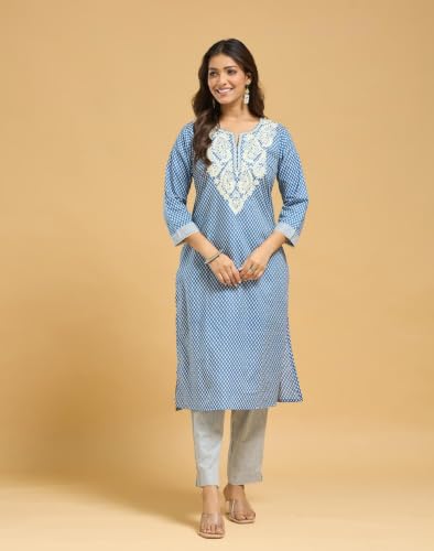 Image of Fabnu by Fabindia Women's Cotton Embroidered Kurta Pant Dupatta Set