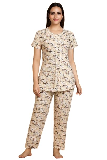 ladygram Stylish Summer Nightwear for Women in XL & XXL | Cream Color Geometric Print | Soft Malai Fabric | Comfortable & Breathable Sleepwear for Ladies-picture-38