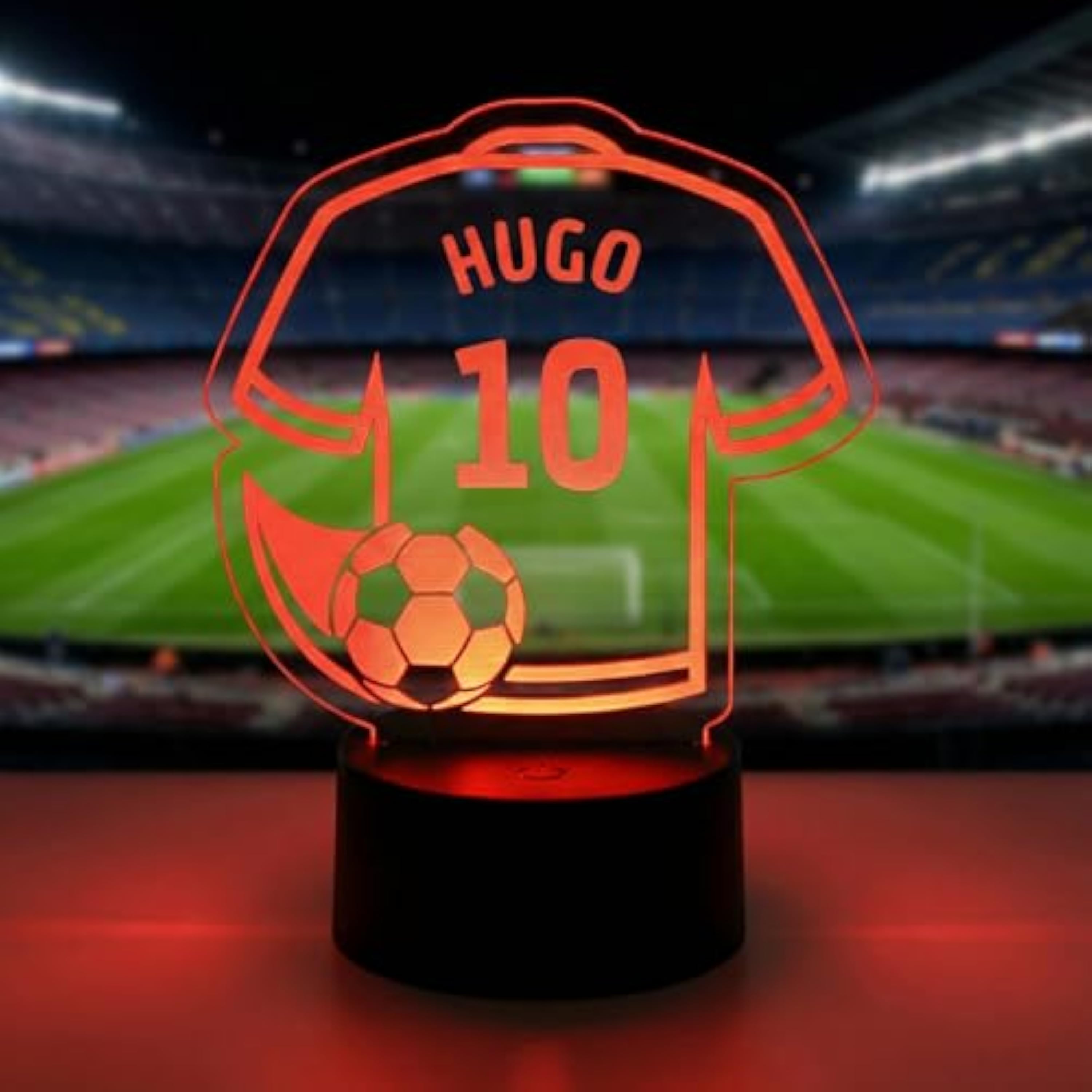 DEREGALOOS Lámpara LED Fútbol Personalizada. Luz Nocturna RGB con Nombre y Número. Placa con Base Táctil. Regalo Original para Niños Futboleros. (Camiseta Personalizada)