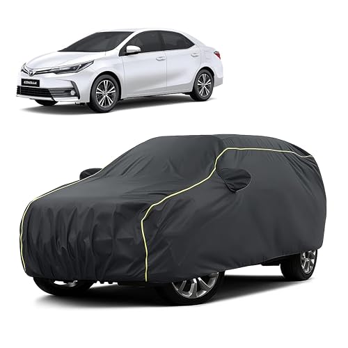 Image of Sulfar 100% Water Resistant Car Body Cover Compatible with Mirror for Toyota Corolla Altis (Triple Stitched, Full Bottom Elastic, Dark Grey Taffeta with Yellow Piping)